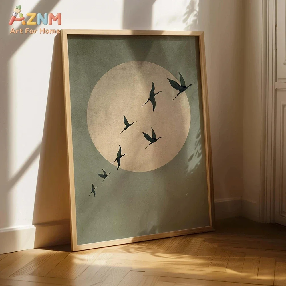 AZNM Green Oriental Red-crowned Crane Canvas Wall Art Chinese Style Forest Bird Abstract Art Print Living Room Home Decor Poster
