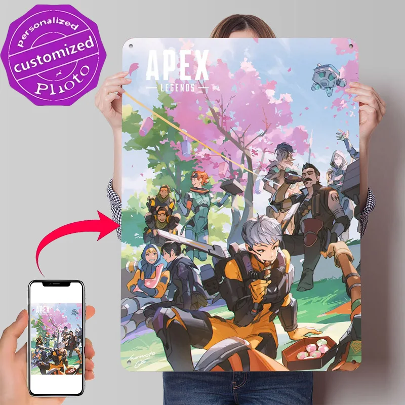 Apex Legends Characters Under Cherry Blossoms Personalized 3D Textured Metal Poster Wall Art Vintage Tin Signs for Custom Plate