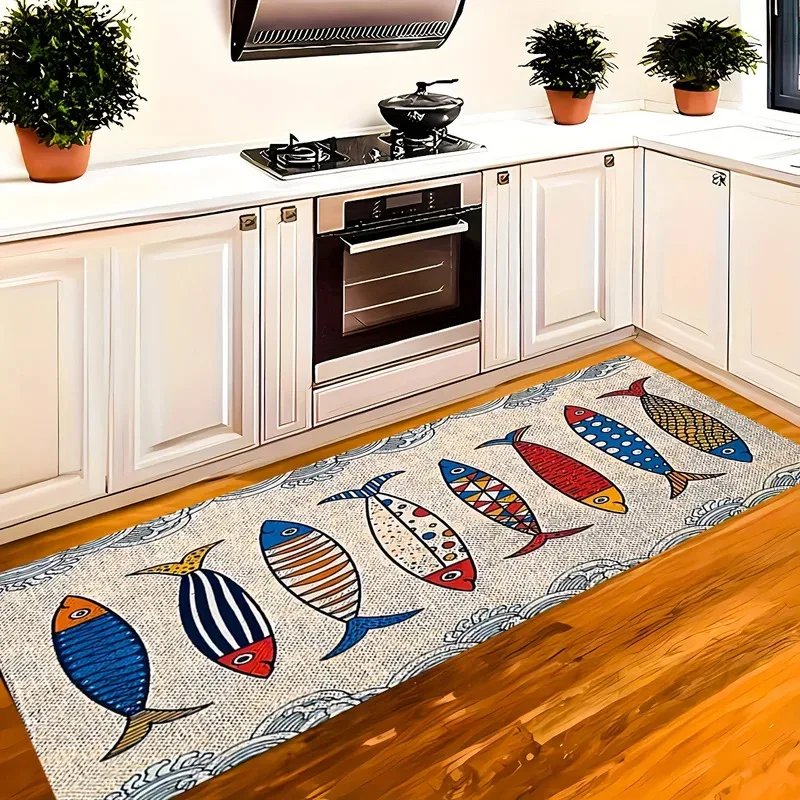 VIKAMA Rutschfeste Küchenmatte mit Fischmuster, waschbare Fußmatte für Wohnzimmer, Schlafzimmer und Eingangsbereich, Heimdekor-Teppich