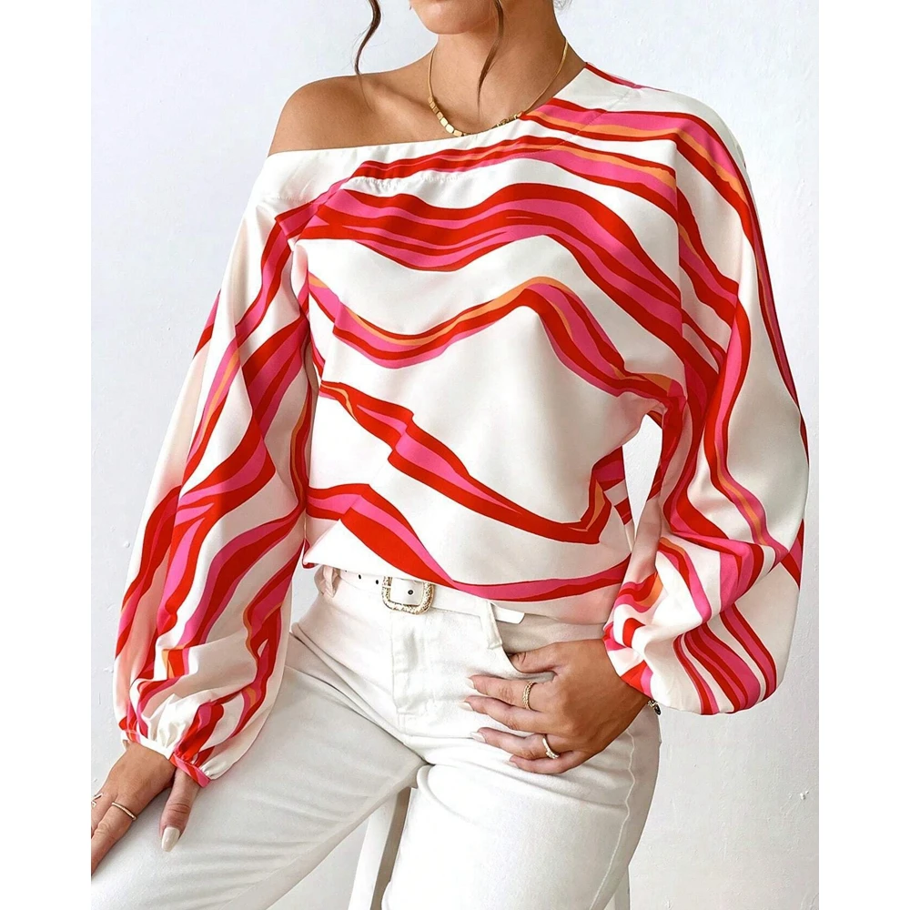 One Shoulder Lantern Sleeve Loose Top Fashion Women Casual Striped Print Long Sleeve Summer Sexy Elegant New In Blouse