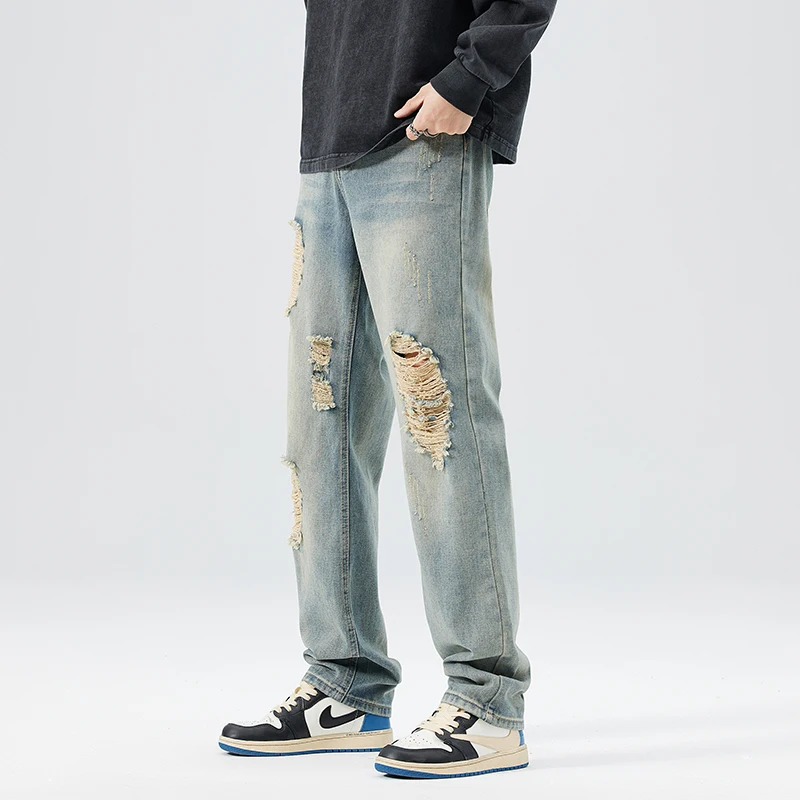 2024 new retro summer personality street broken holes jeans Slim thin versatile loose straight trousers