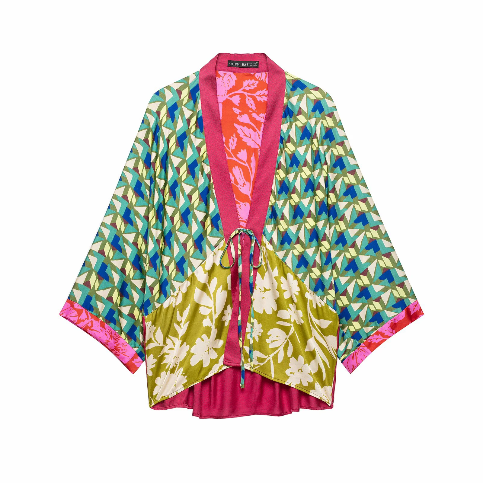 Summer women's deep V-neck seven quarter sleeve floral striped printed jacket, mid waist wrapped scarf half skirt set