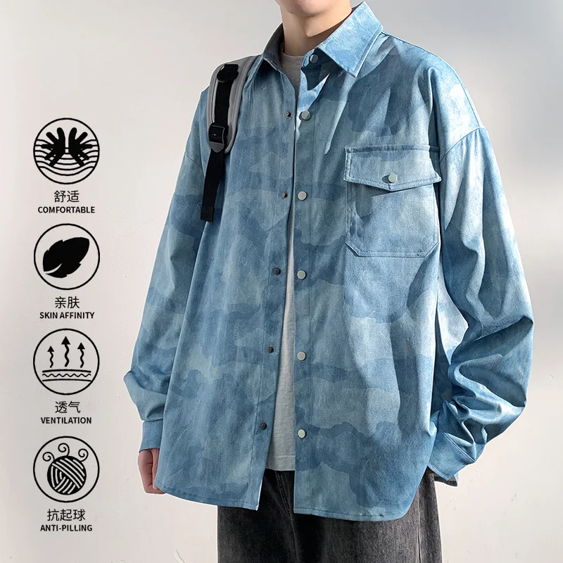 Mens Shirts Tie Dye Denim Streetwear Casual Loose Fit Button Up Top Blue Washed Cowboy Style  Blouse