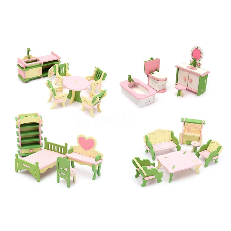 

8 Set Wooden Dollhouse Miniature Furniture Puzzle Model Children Kids Toys