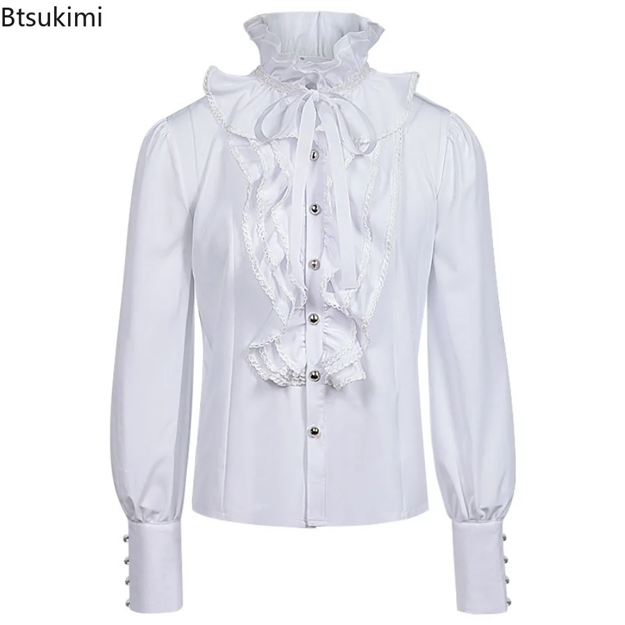 Men's Fashion Retro Gothic Shirts And Blouses Victorian Medieval Ruffle Pirate Puff Sleeve Solid Black Tops Shirt Men Clothing - view 6