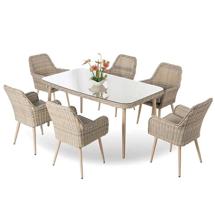 

Outdoor Modern Garden 7Pieces PE Rattan Wicker Dinning Chairs and Table With Glassfor Hotels and Patios