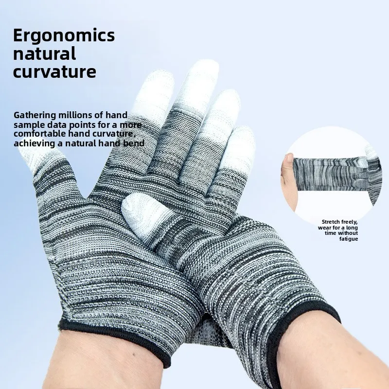 قفازات أصابع مطلية باللون الأسود - مخططة من البولي يوريثان، نايلون - ملولبة، مقاومة للاهتراء، للعمل والعمل، قابلة للتنفس، مناسبة