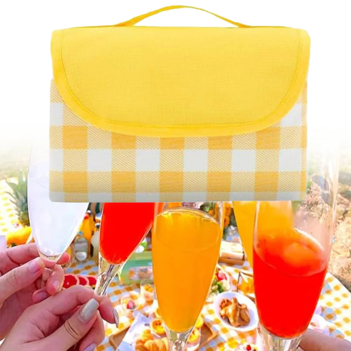 

Thick Picnic Blanket – Soft Cushioned Beach Mat with Moisture-Proof Bottom Portable Foldable for Camping Park Yellow/White Plaid