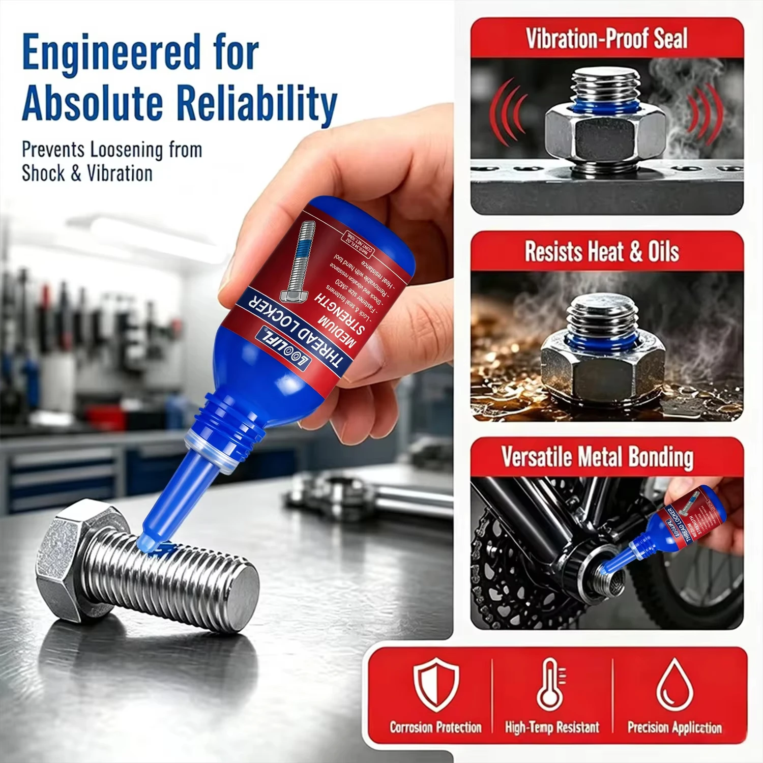 Medium-Strength Thread Locker Loolifl Industrial-Grade Thread Locker, Oil-Resistant, Removable Anaerobic Type, Used as Anti-Vibration Adhesive for Metal Bolts and Nuts, Suitable for Screw Sealants and Fasteners in Mechanical Repairs.