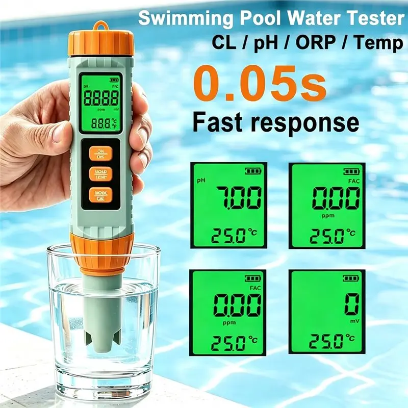 A02M-Residual Chlorine Detector 4-In-1 Swimming Pool Water Tester CL PH ORP Temperature Meter Backlight Display Water Analyzer