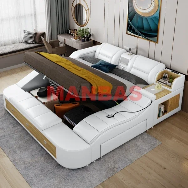 Luxury Multifunctional Leather Smart Bed with Storage Drawers, Massage, Bluetooth Speaker, USB, Modern King Bed with Side Tables