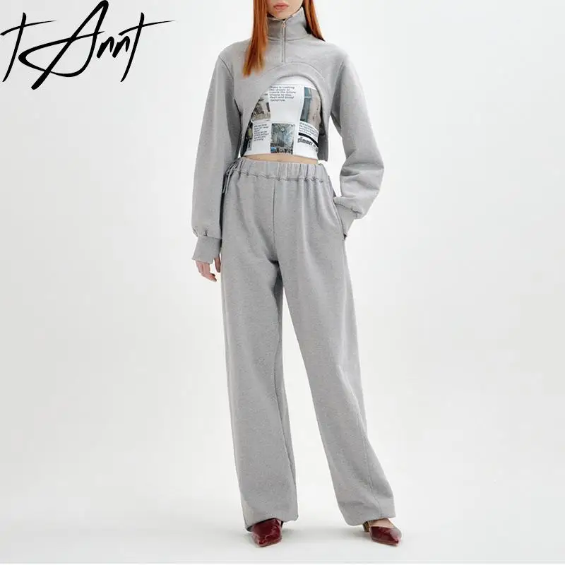 TANNT Women Pant Sets 2024 Printed Crop Top Irregular Cut Out Hoodies Elastic Waist Long Wide Leg Pants Three Pieces Sets