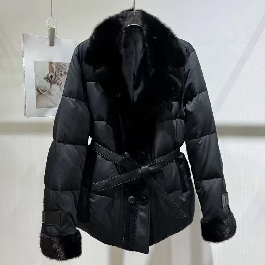 짧은 리얼 밍크 모피 코트 블랙 천연 모피 푸퍼 재킷 벨트 루즈 푸퍼 파카 럭셔리 겨울 따뜻한 다운 코트
