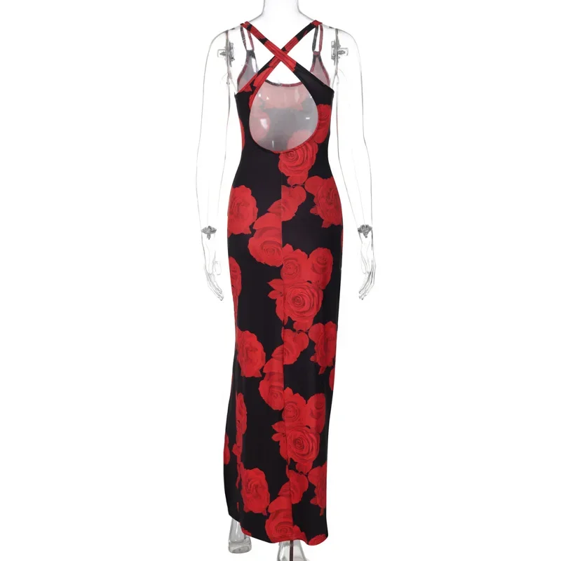 2024 Summer Women's Sexy Slit Suspender Long Dress Fashion Printed Dress Elegant Sexy Party Dress Club Outfit