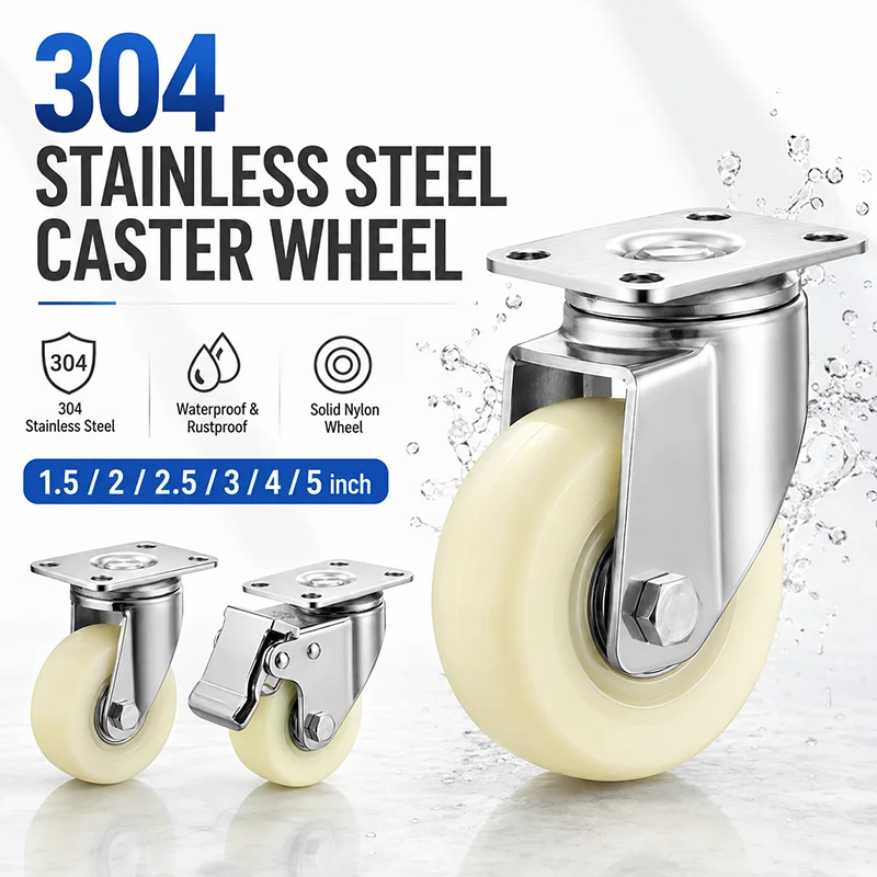 304 Stainless Steel Nylon Caster Wheel 1.5/2/2.5/3/4/5 Inch Heavy Duty Plate Mount Rigid Swivel Brake Castor for Cart Furniture