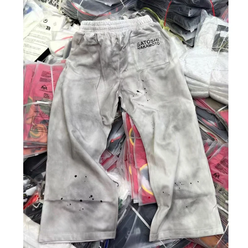 Satoshi Nakamoto Used Stretch Mid Waist Sweatpants Splashed Ink Washed Damaged Sports Casual Pants