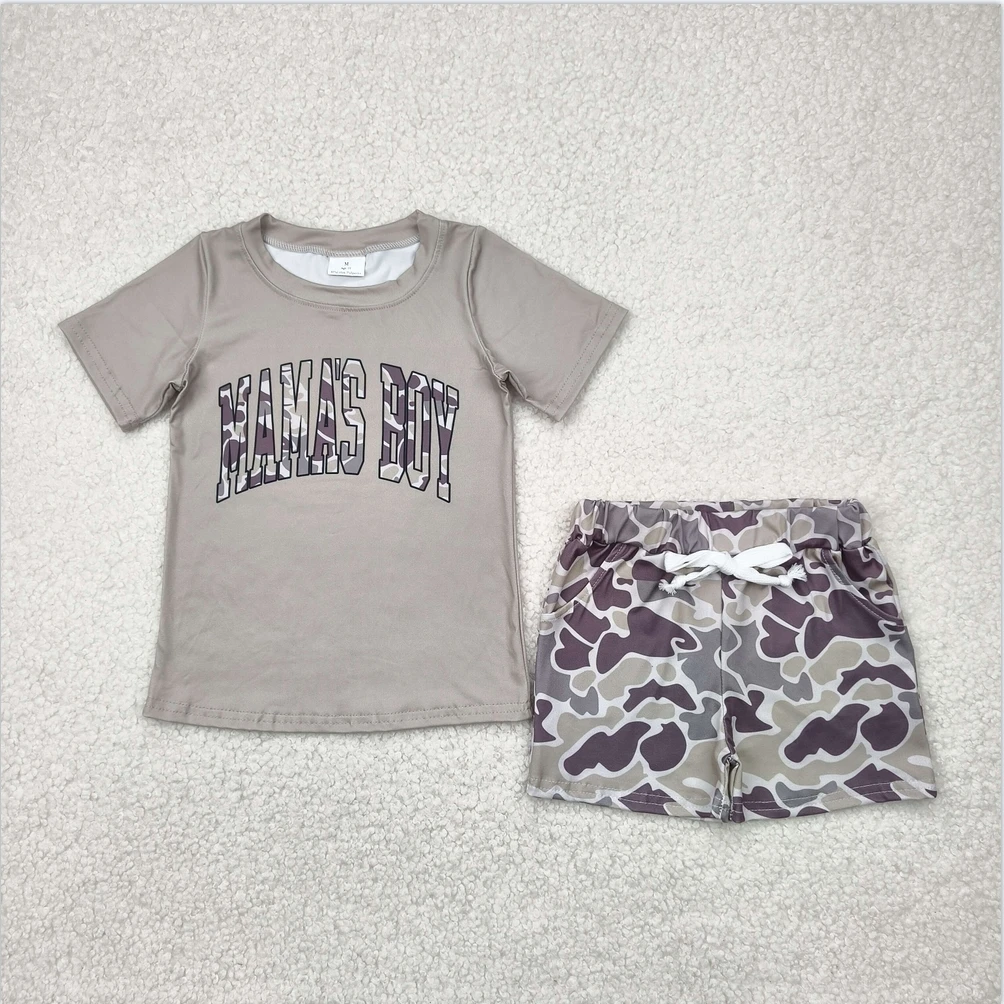 

Hot Sale Fashion Kids Designer Clothes Sets Boys Shorts Sets Mama's boy gray camo Shirt Top camo shorts outfit Baby Boys Clothes