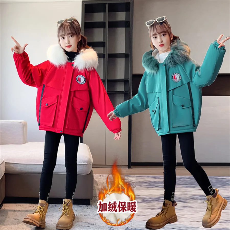 5-14 Years Teen Girls Winter Jacket Plus Velvet Warm Kids Windbreaker Coat For Girls Fur Collar Hooded Parkas Children Outerwear