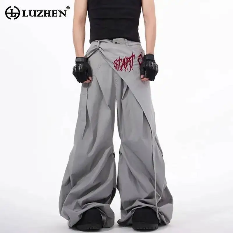 

LUZHEN Original Embroidery Pattern Patchwork Hemline Design Loose Pleated Wide Leg Casual Pants Men's 2025 New Streetwear JY2357