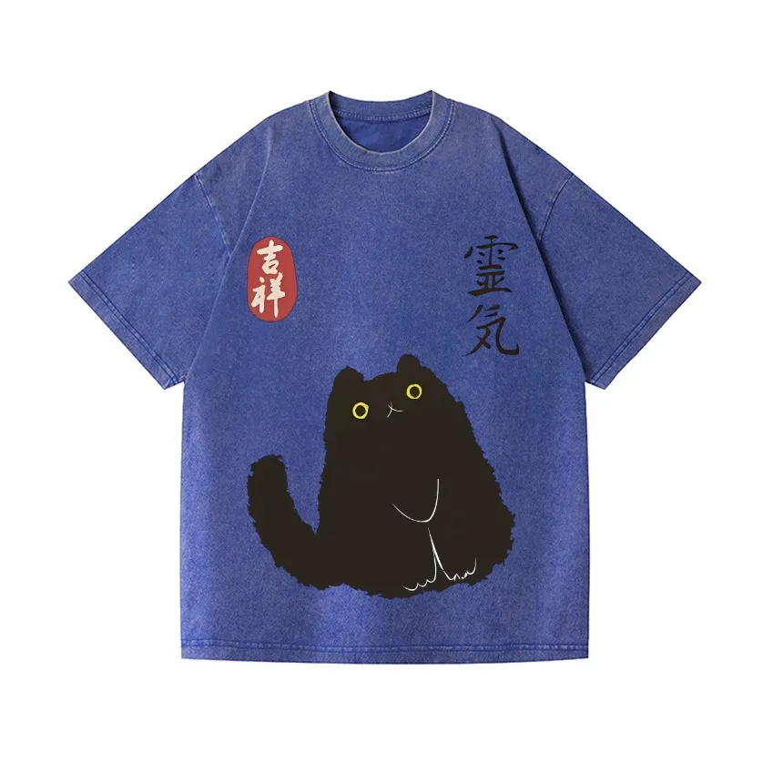 Vintage Lucky Black Cat Japanese Design Wash T-Shirt Fashion Pure Cotton Harajuku Tees Oversized Holiday Kpop Korean Style Tunic
