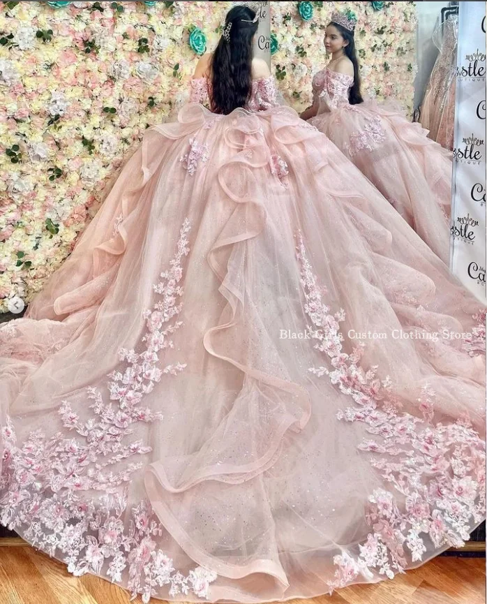 Squisito vestito da principessa Quinceanera rosa bambino elegante una spalla 3D fiore Applique decorazione in pizzo 15 anni abiti da ballo