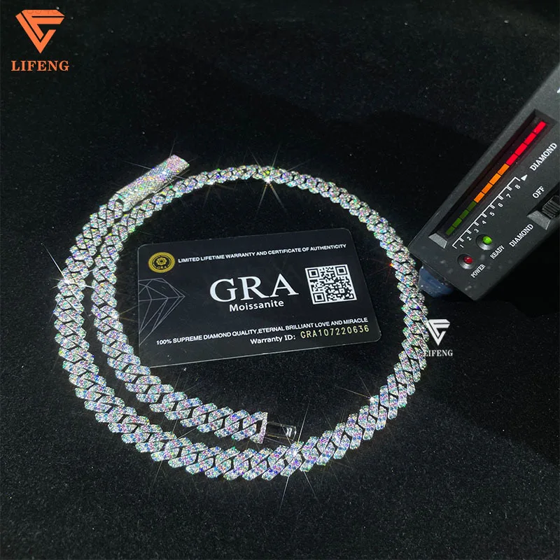 

Luxury Design 925 Sterling Silver Cuban Link Chain Colorful Diamond Hip Hop 10MM Two Row Moissanite Necklace