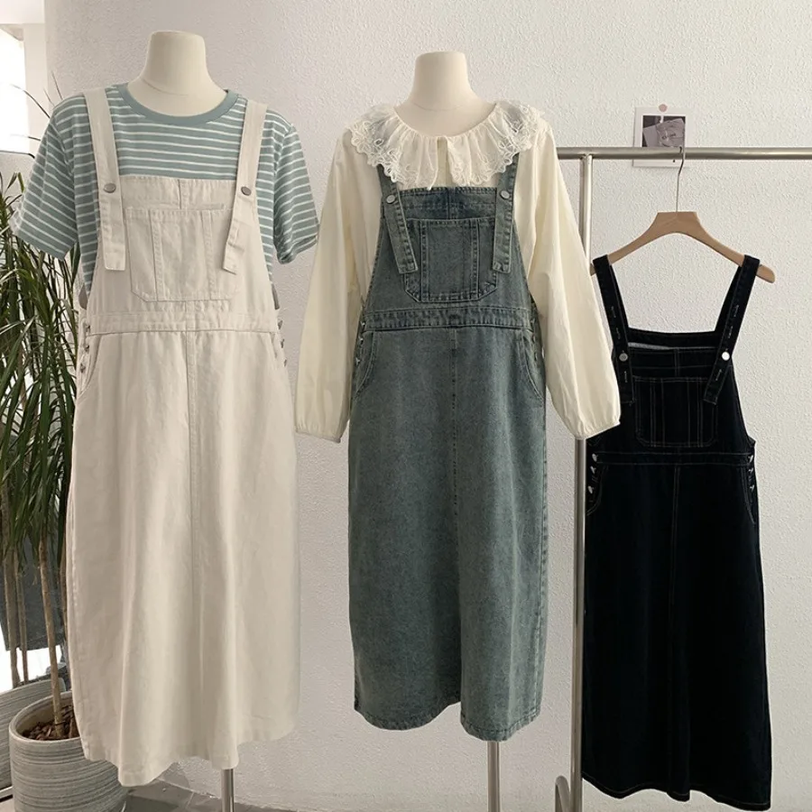

【New style】Omalai retro preppy style loose slimming medium and long straight dress denim simple strap dress 2193