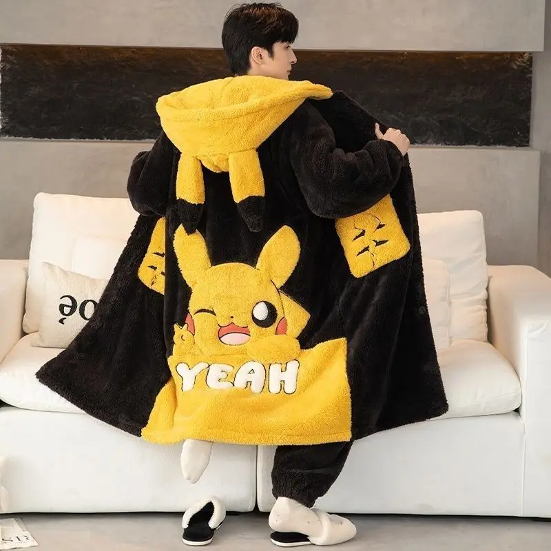 Conjunto de Pijama de Franela Gruesa para Hombre con Estampado de Panda, Talla Grande, Bata con Capucha y Bolsillos con Forma de Pata, Ropa de Dormir Cálida y Suave de Forro Polar