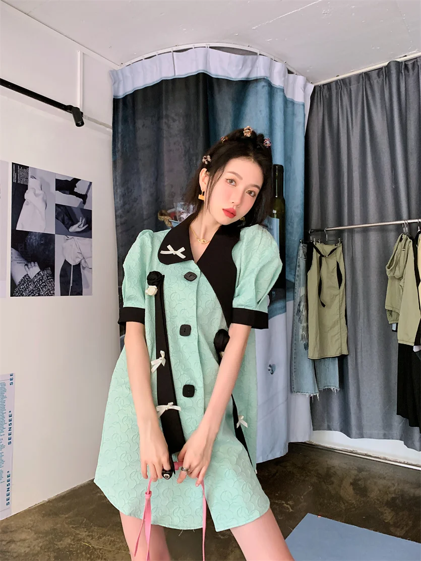 CHEERART Puff Sleeve Jacquard Cyan Designer High Fashion Dress For Women Button Up Short Sleeve Korean Fashion Mini Dress Summer