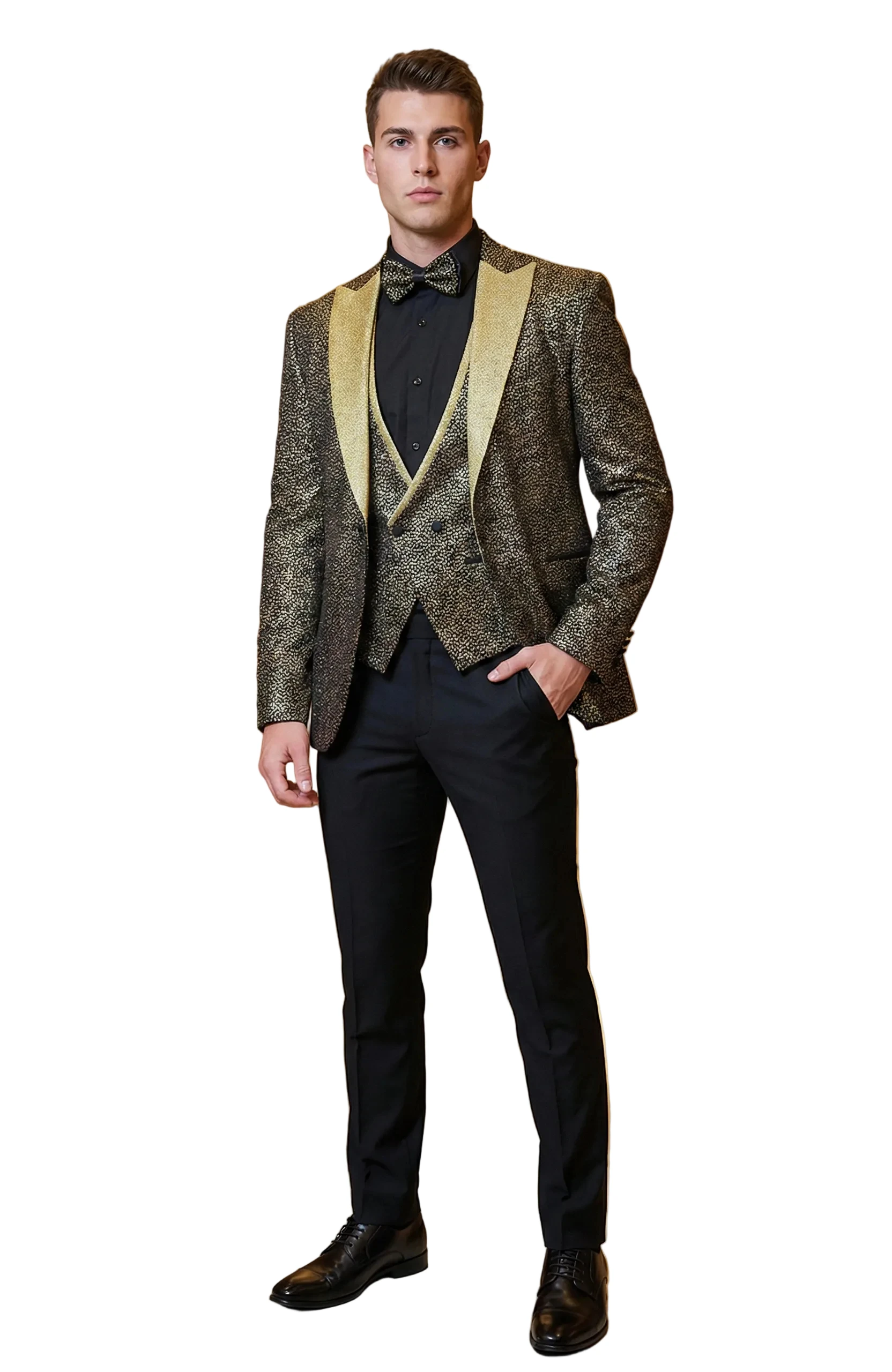 Luxury Champagne Shawl Lapel Men's 3 Piece Tuxedo Metallic Sparkle Blazer Vest and Matching Bow Tie Party Prom Custom MadeM26447