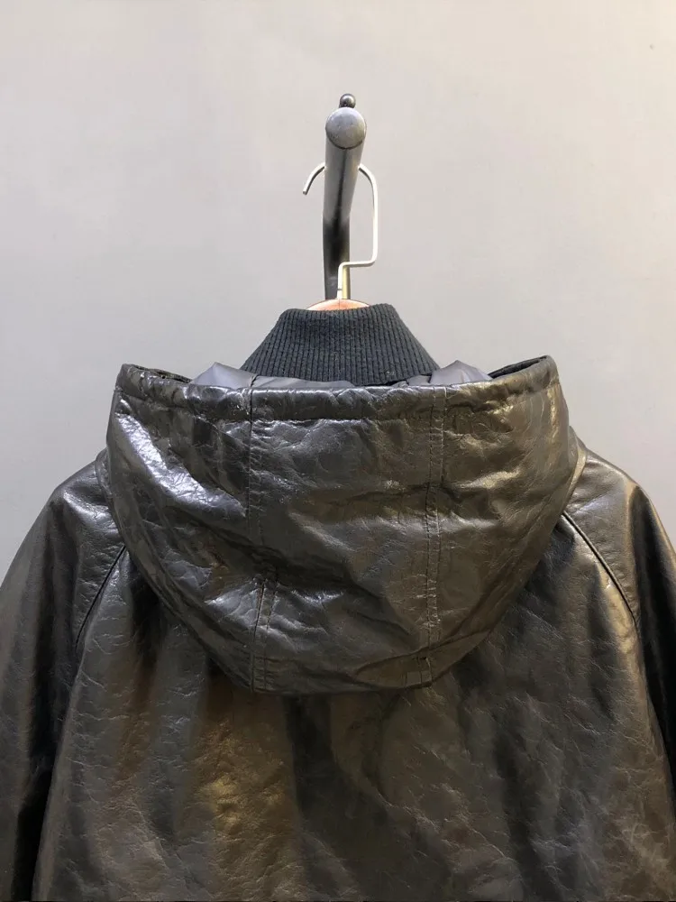 Nuevas mujeres negro con capucha cremallera piel de vaca cuero genuino cera de aceite chaqueta de plumas de ganso abrigo de mujer invierno cálido prendas de vestir exteriores de longitud media