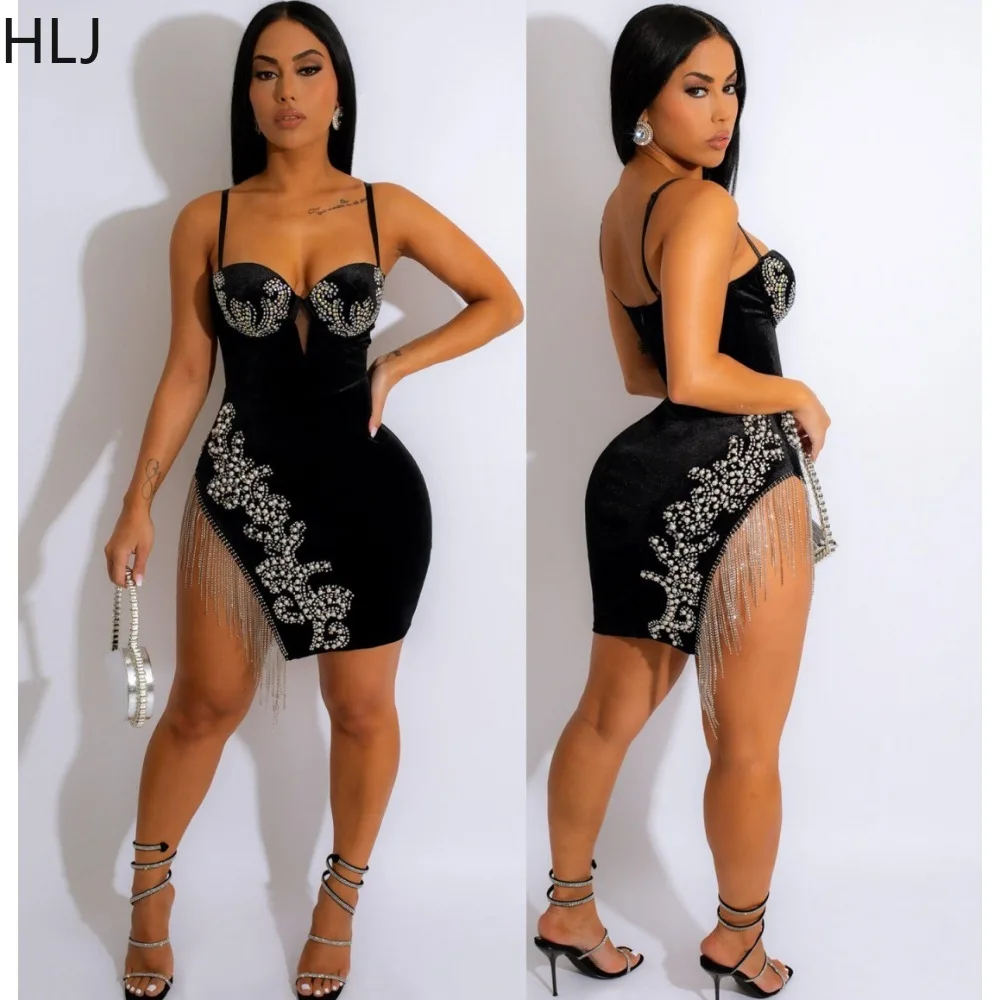 

HLJ Velvet Embroidery Patchwork Side Slit Spaghetti Strap Bodycon Mini Dress 2024 Elegant Tassel Birthday Party Dresses Outfits