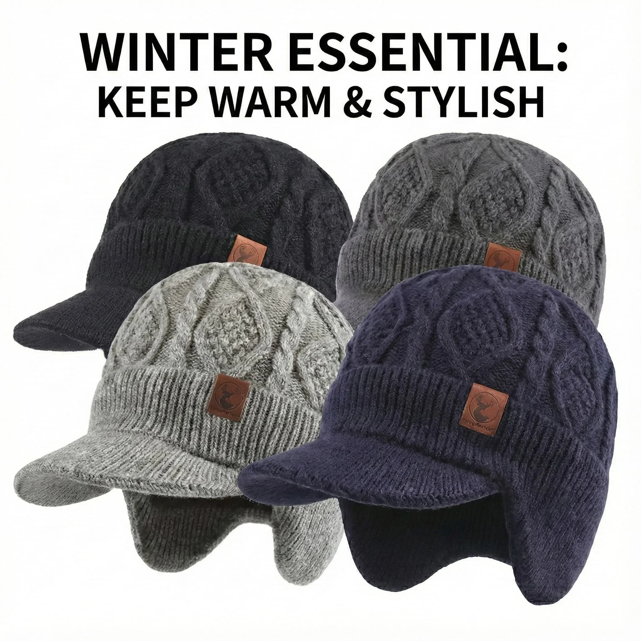 SUPER WARM Winter Beanie Hat Men Women Thick Fleece Lined Cap with Earflaps Visor Brim Outdoor Windproof Ski Snow Hat Knit