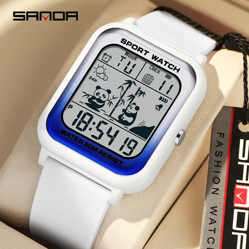 SANDA 2023 New Top Panda Pattern Square Gradient Electronic Watch Sports Casual Outdoor Waterproof Trend Unisex Wristwatch 6120