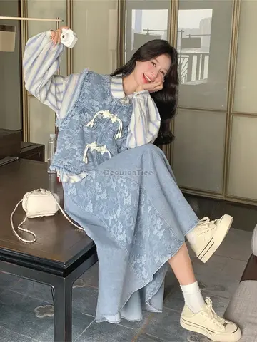 데님 세트 다용도 스트라이프 셔츠, 진주 단추 자카드 탱 세트 조끼, 트렌디 패치워크 스커트, 귀엽고 활기찬 중국 스타일, 2025