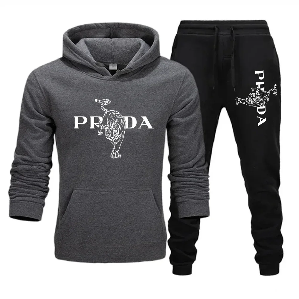 Men's and women's two-piece sportswear, hooded sweatshirt and lace up pants, running, autumn and winter sportswear