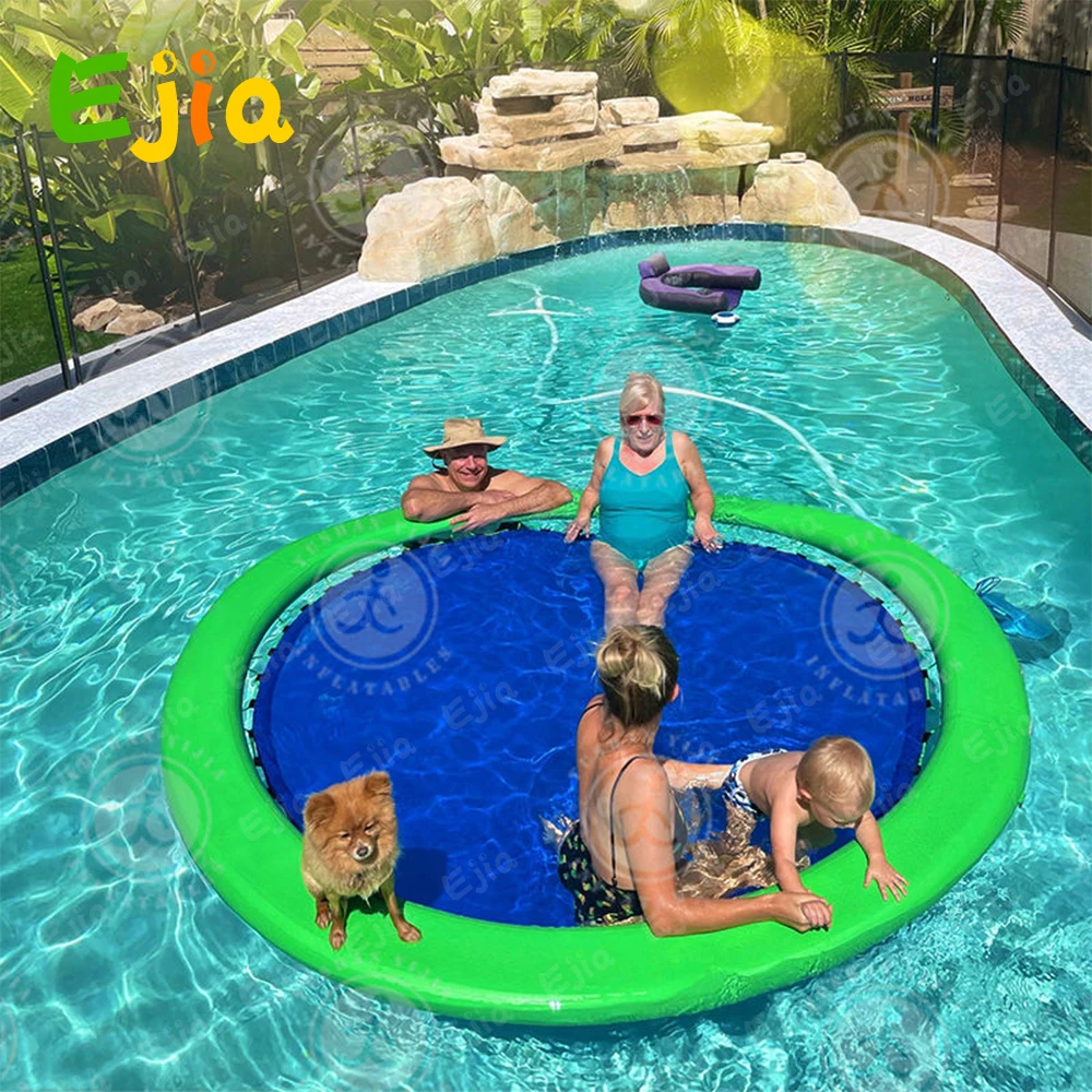 Blue Mint Orange Stock  Inflatable Water Hammock Floating Platform Swimming Pool Mat Round Pontoon With Ramp Mesh 8ft For Pool