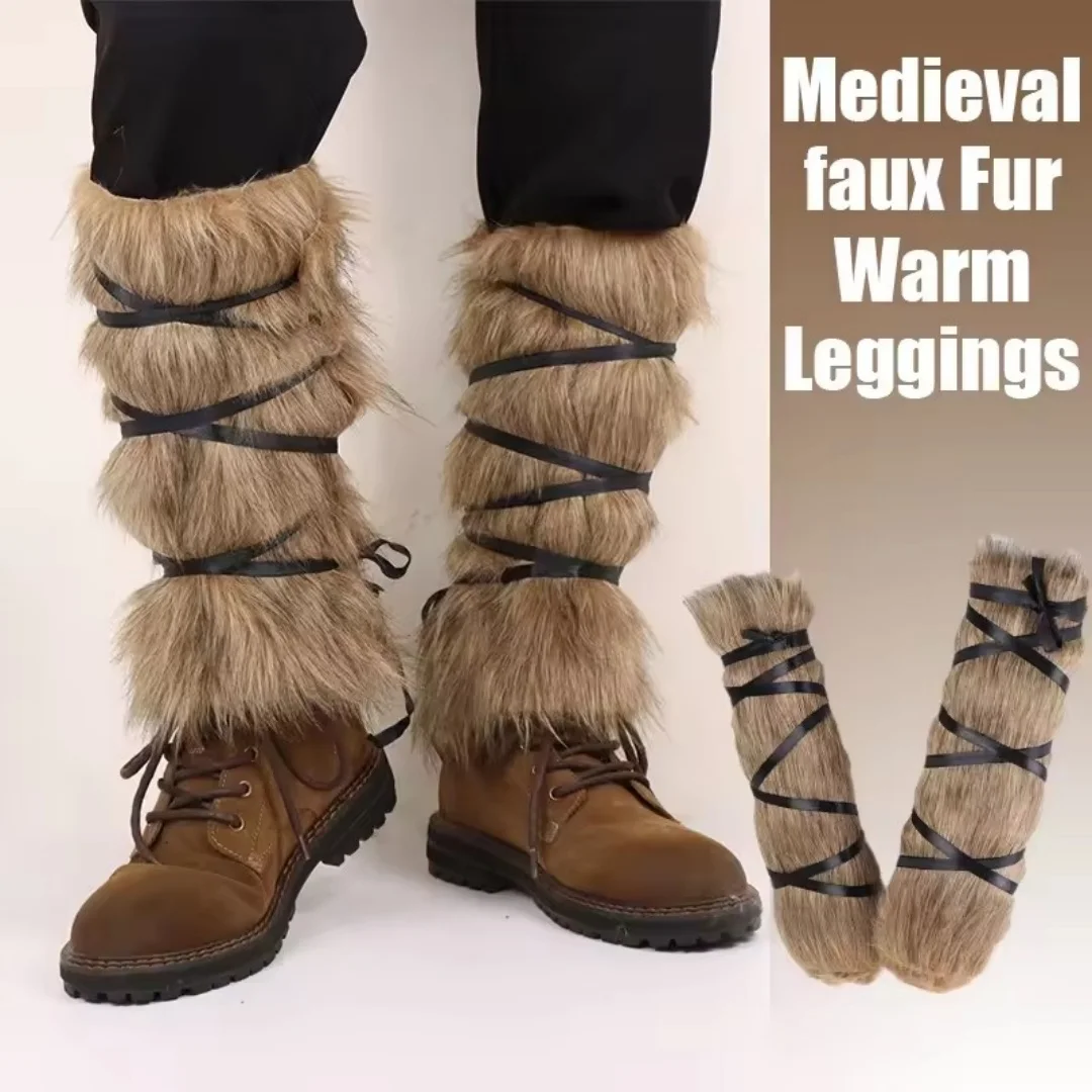 Medieval Imitation Fur Warm Leggings Furry Leggings Boots Cosplay Vikings Knight Dress Up Foot Cover Hunter Pirate Cosplay Props