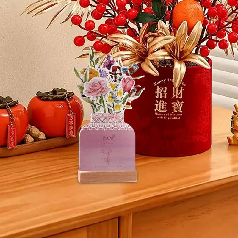 Kalendarz na biurko 2025 Kalendarz na biurko Dekoracja z drewnianą podstawą Miesięczna dekoracja na biurko Kalendarz Kompaktowy do domu