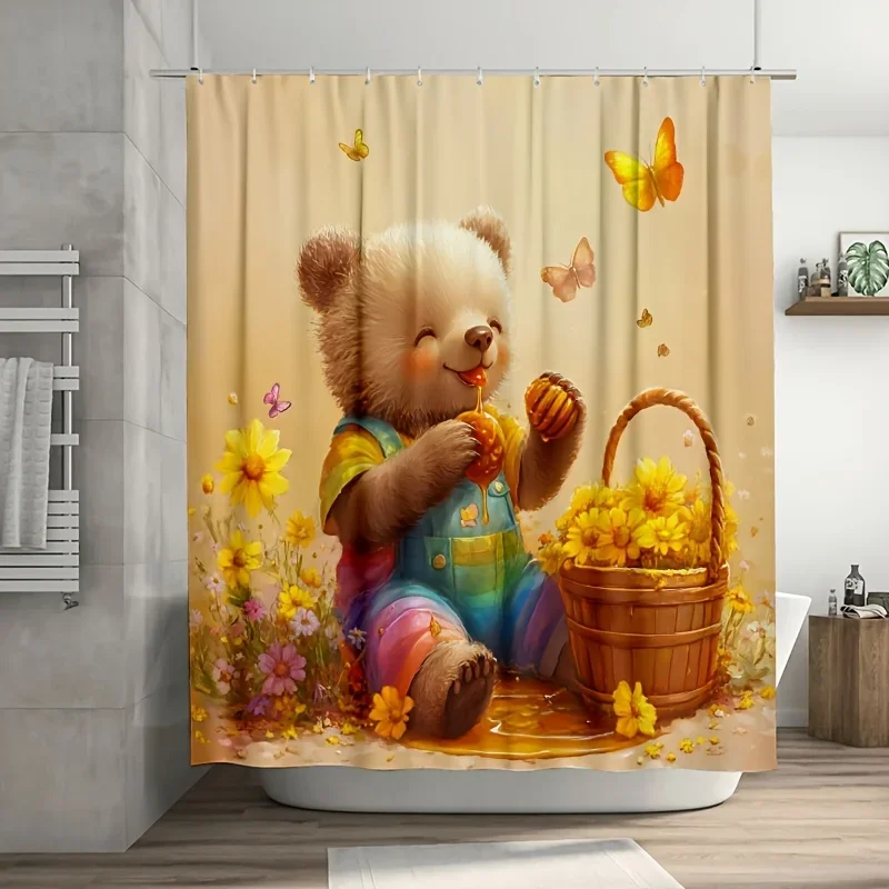 

~O ~ 1 шт., милый маленький медвежонок, радужный комбинезон, занавеска для душа, прочный полиэстер, легко чистится, для декора ванной комнаты и окон