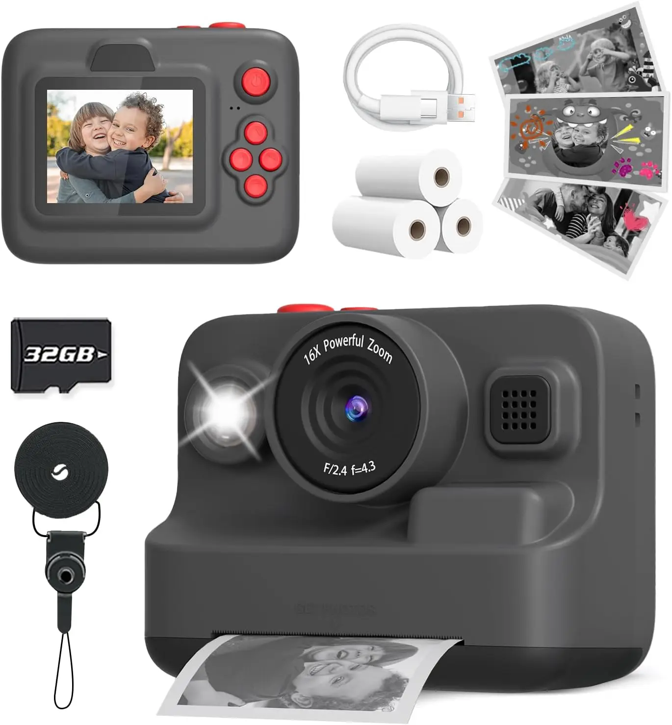 Kids Camera Instant Print, Christmas Birthday Gifts for 3-12 Year Old Boys Girls, 2.4in Screen 1080P Kids Digital Camera Toys fo