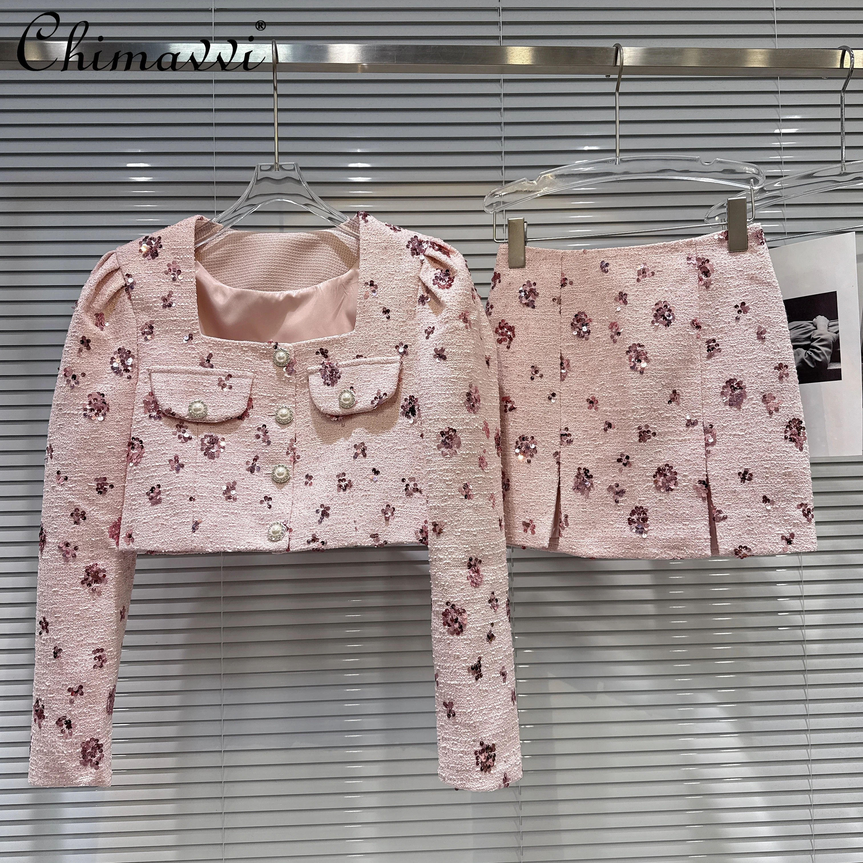 

Элегантная французская светская львица с блестками и цветком, квадратный вырез, короткая куртка с длинными рукавами и высокой талией, облегающие юбки, комплект из двух предметов, женский осенний комплект