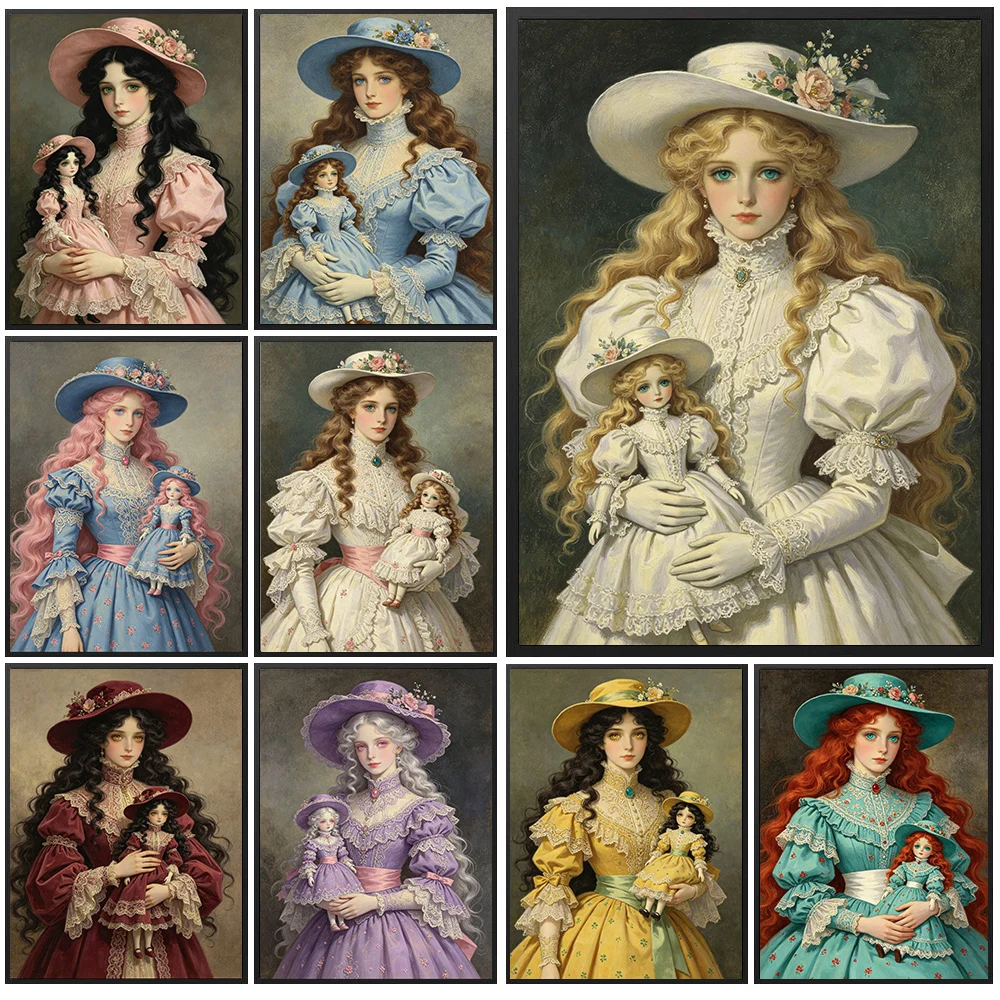 Vintage Victorian Lady With Doll Canvas Wall Art, Rococo Noble Woman Portrait Painting, Retro Lace Dress Poster Home Decor