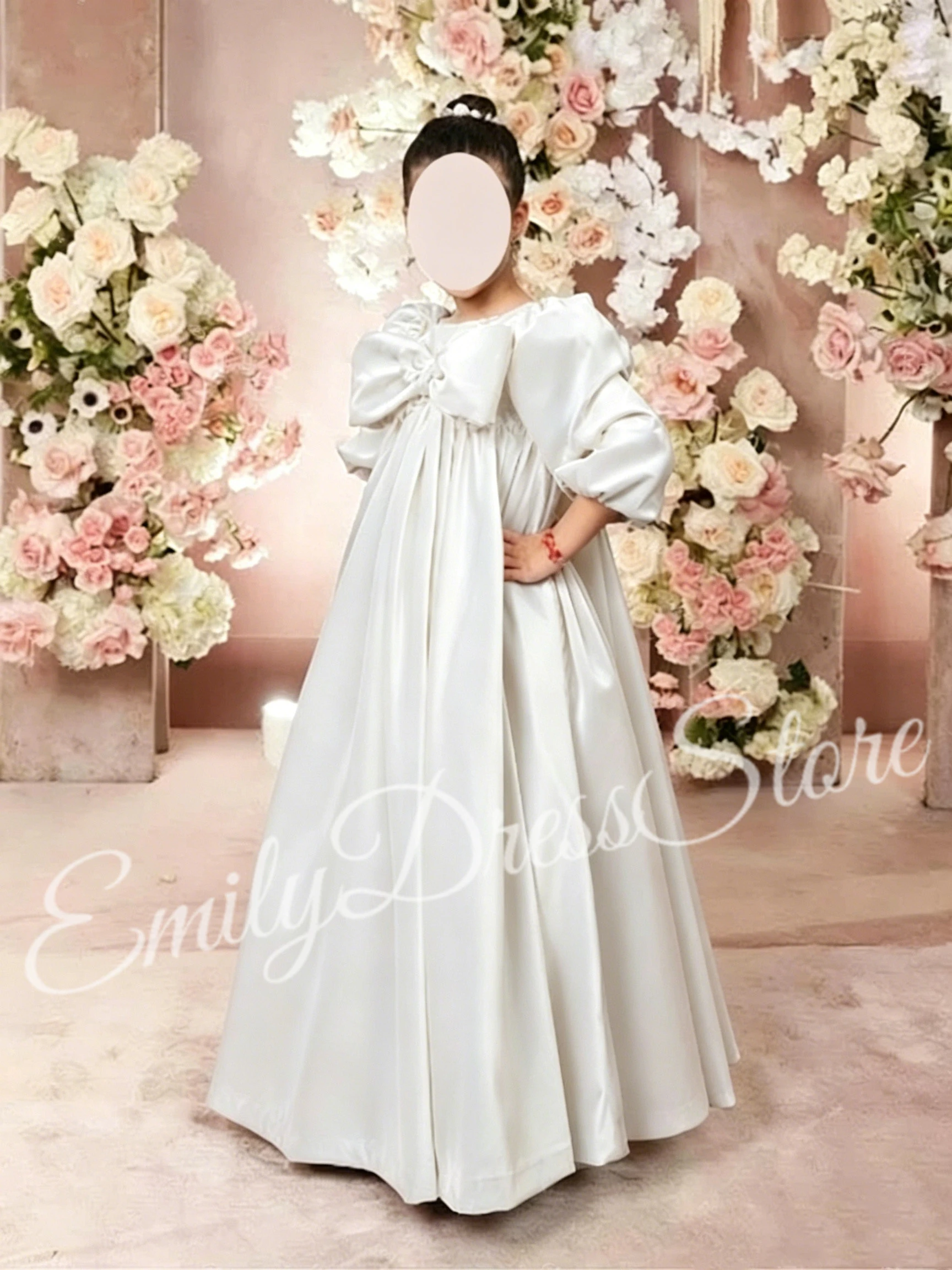 Customized Ivory Modest Flower Girl Dress For Wedding Satin High Waist Teen Elegant Kids Birthday Party First Communion Gown
