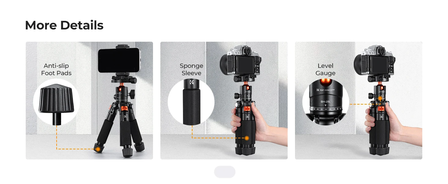 K&F CONCEPT Mini-Tischstativ 21,6'' Kompaktes kleines Stativ mit Kugelkopf, belastbar bis zu 6 kg, 1/4 Zoll Schnellwechselplatte – Detail 9