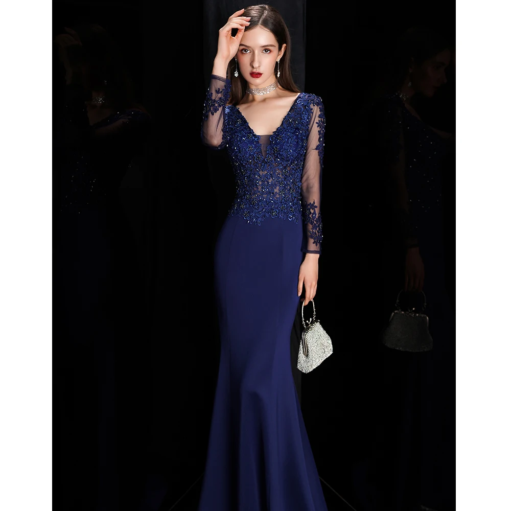 DEERVEADO Elegant Mermaid V Neck Satin Evening Dress with Appliques Full Sleeves Formal Occasion Party Dress Evening Gown