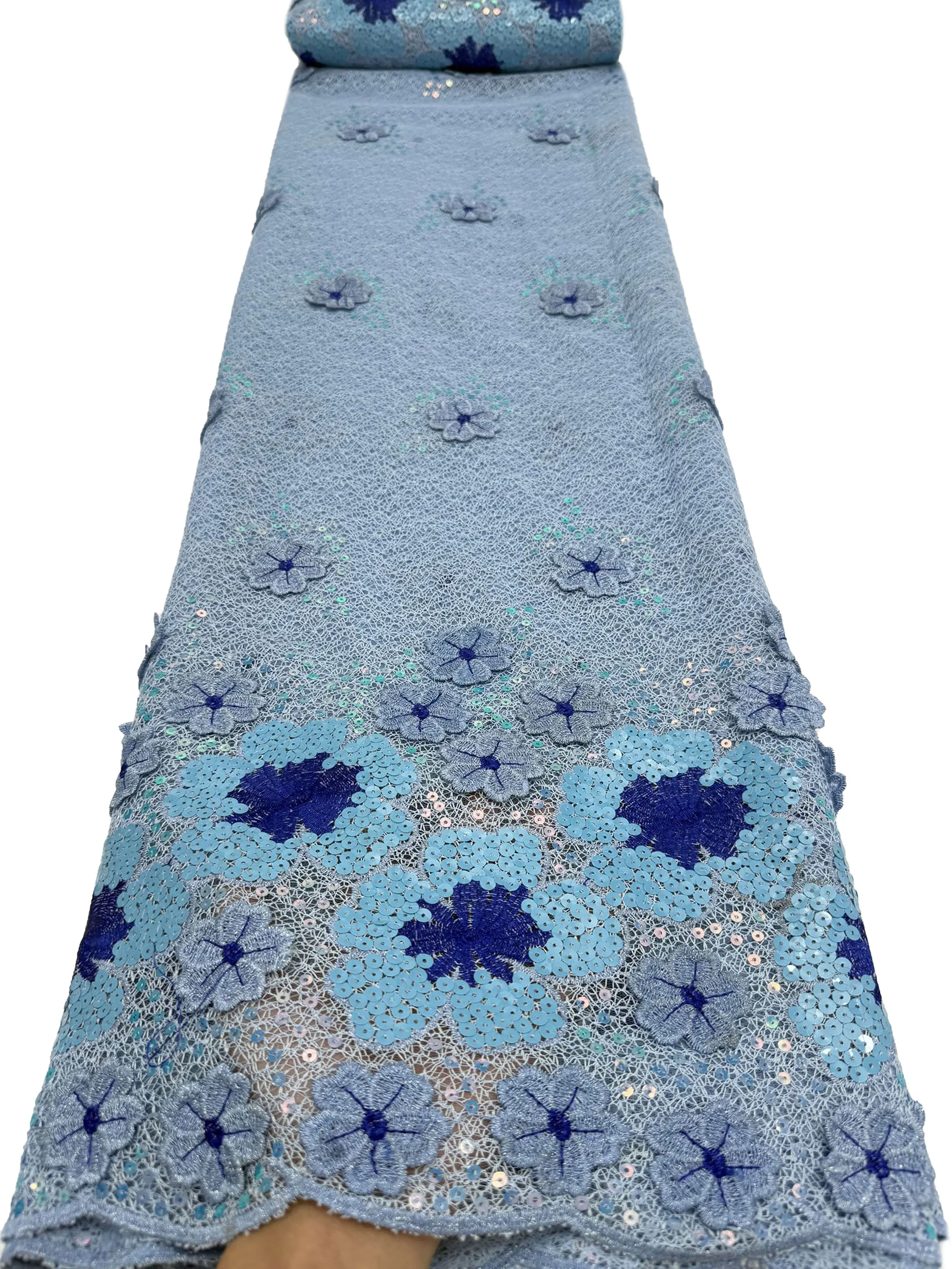 Swiss Elegant Velvet Lace Fabric 3D Flower Embroidery Sequined French Asoebi Style For High-End Bride Wedding Party Dress Sewing