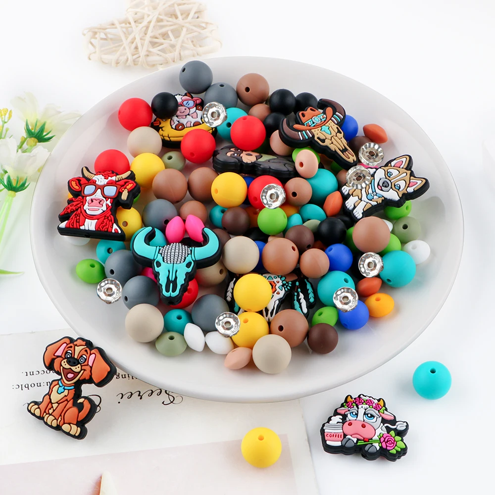 Sunrony New Animal Silicone Focus Beads Paired Round Beads Set For Making DIY Keychain Necklace Bracelet Pen Accessories