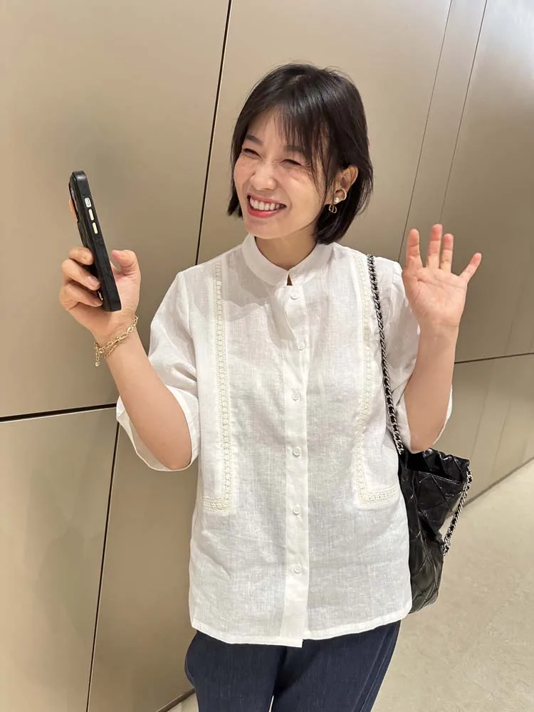 

Lace Hook Design Loose Linen irt Women's Faion Casual Sle Six Sve Length Pure Color Stand Collar Top Loose Fit