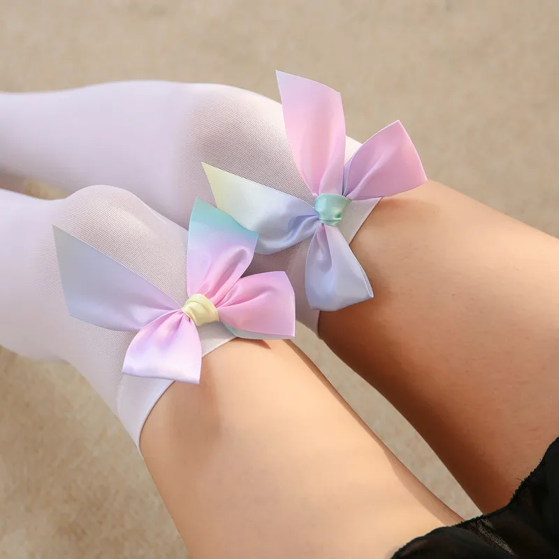 Paloli Cute and Colorful Rainbow Bow Over-the-Knee Socks Sexy Stockings For Women Bow-knot Cosplay Accessories New YYOJ020